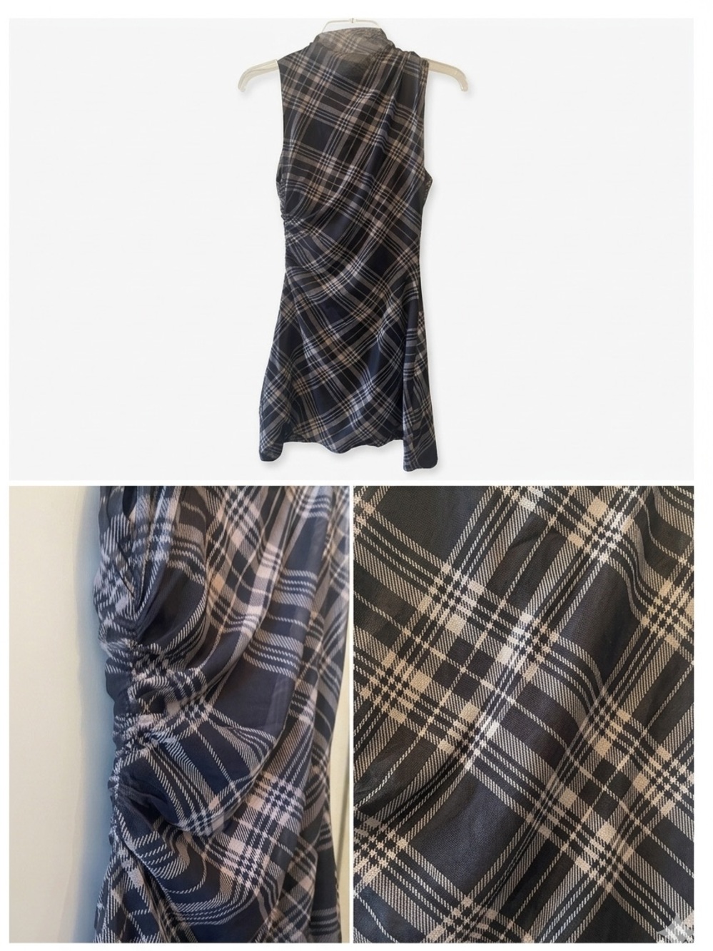Tartan Plaid  Mesh Mini Dress in Black  and Light Pink Ruche A Line Sleeveless